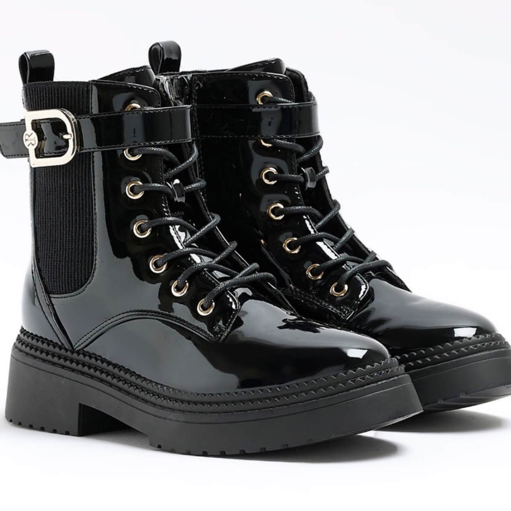 River Island-Shiny Black Patent Lace-Up Combat Boots